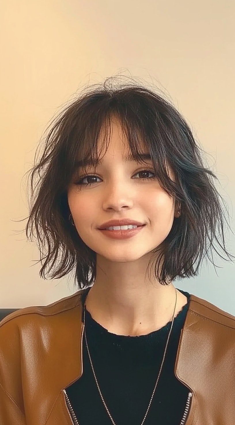Uma jovem com um bob escuro despenteado e uma franja macia e suave estilizada para cair naturalmente em volta do rosto.