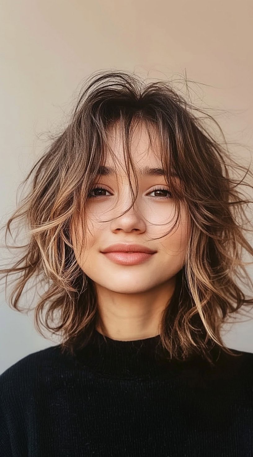 Uma mulher com um bob de comprimento médio despenteado com camadas macias e margem de cortina que enquadra seu rosto naturalmente.