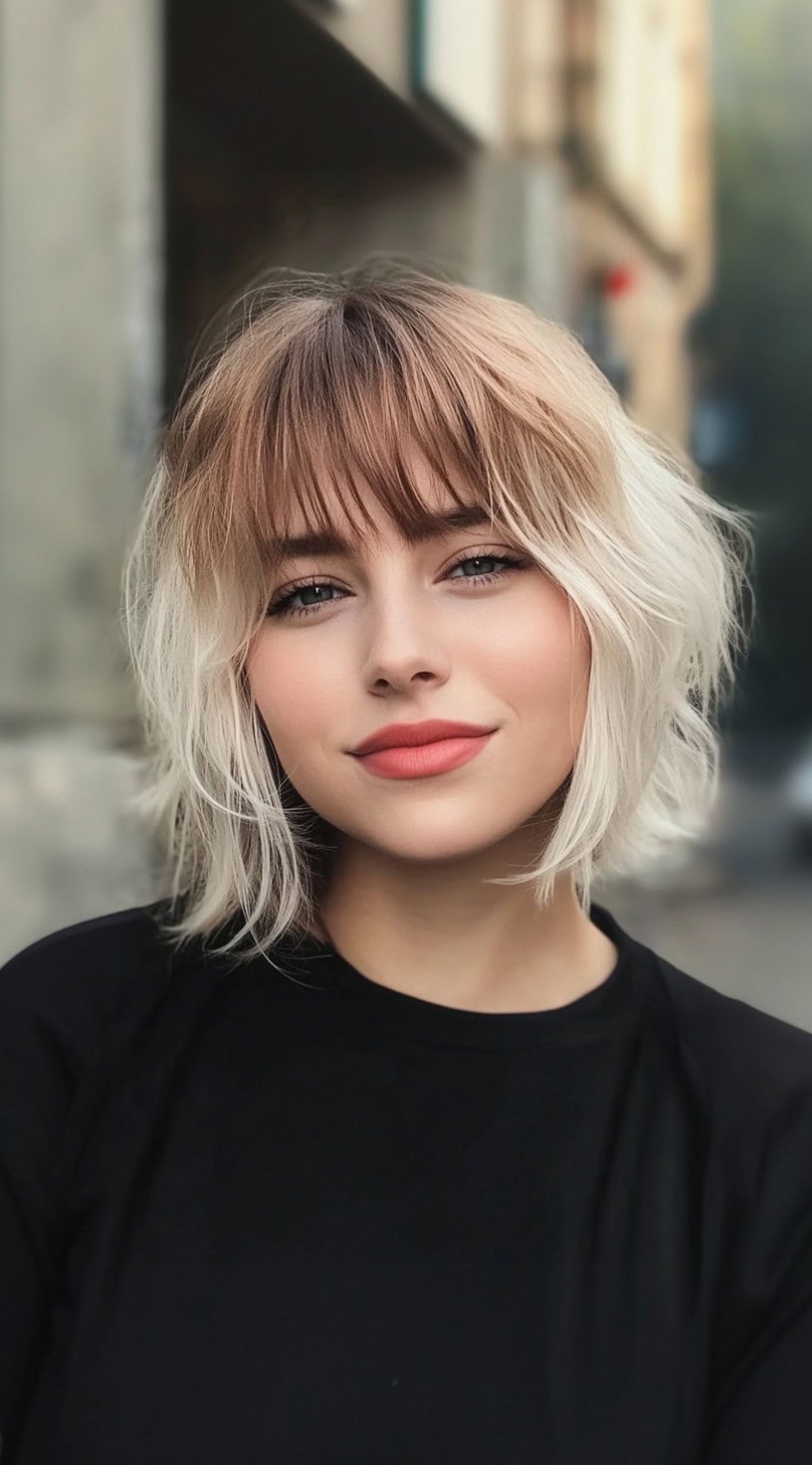 Uma mulher com um bob ondulado estilizou-se em um ombre claro ao escuro e franja cheia e cheia.