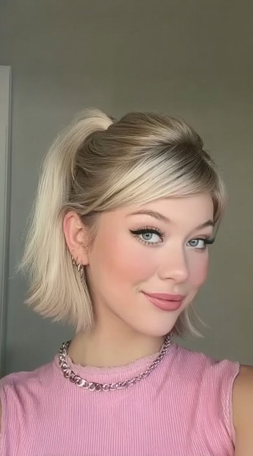 Uma jovem, com cabelos loiros curtos, na altura do queixo, estilizados em um meio de rabo de cavalo com franja lateral e pontas invertidas.