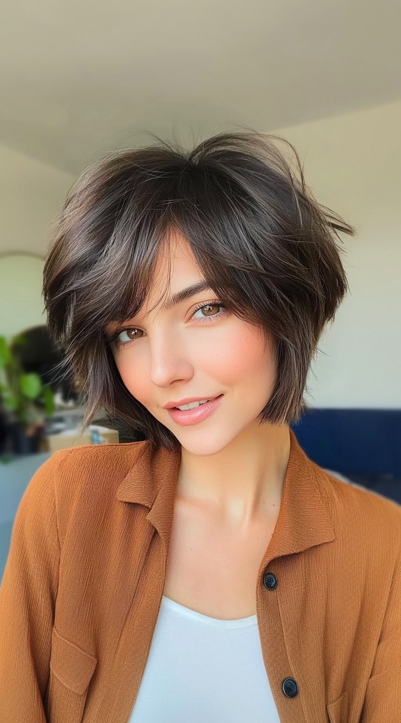 Uma mulher com um bob shag curto, estilizado com franja lateral completa e camadas levantadas na coroa para aumentar o volume.