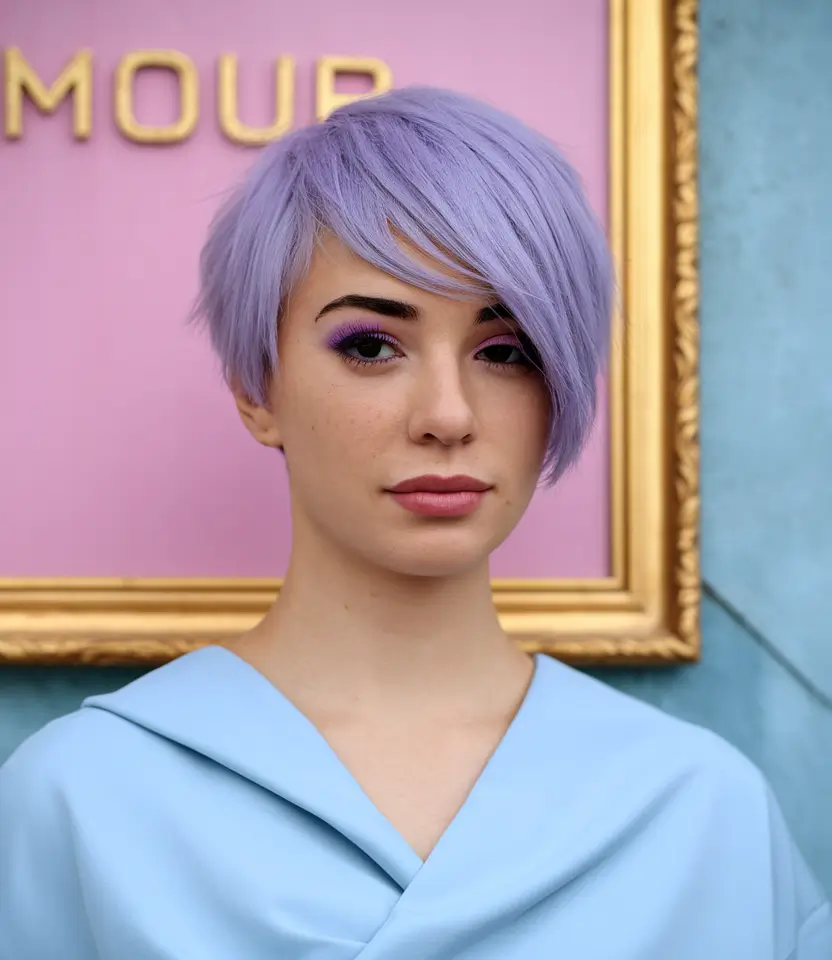 Corte de verão curto 2025: estilos chiques - lavanda pixie com drama lateral