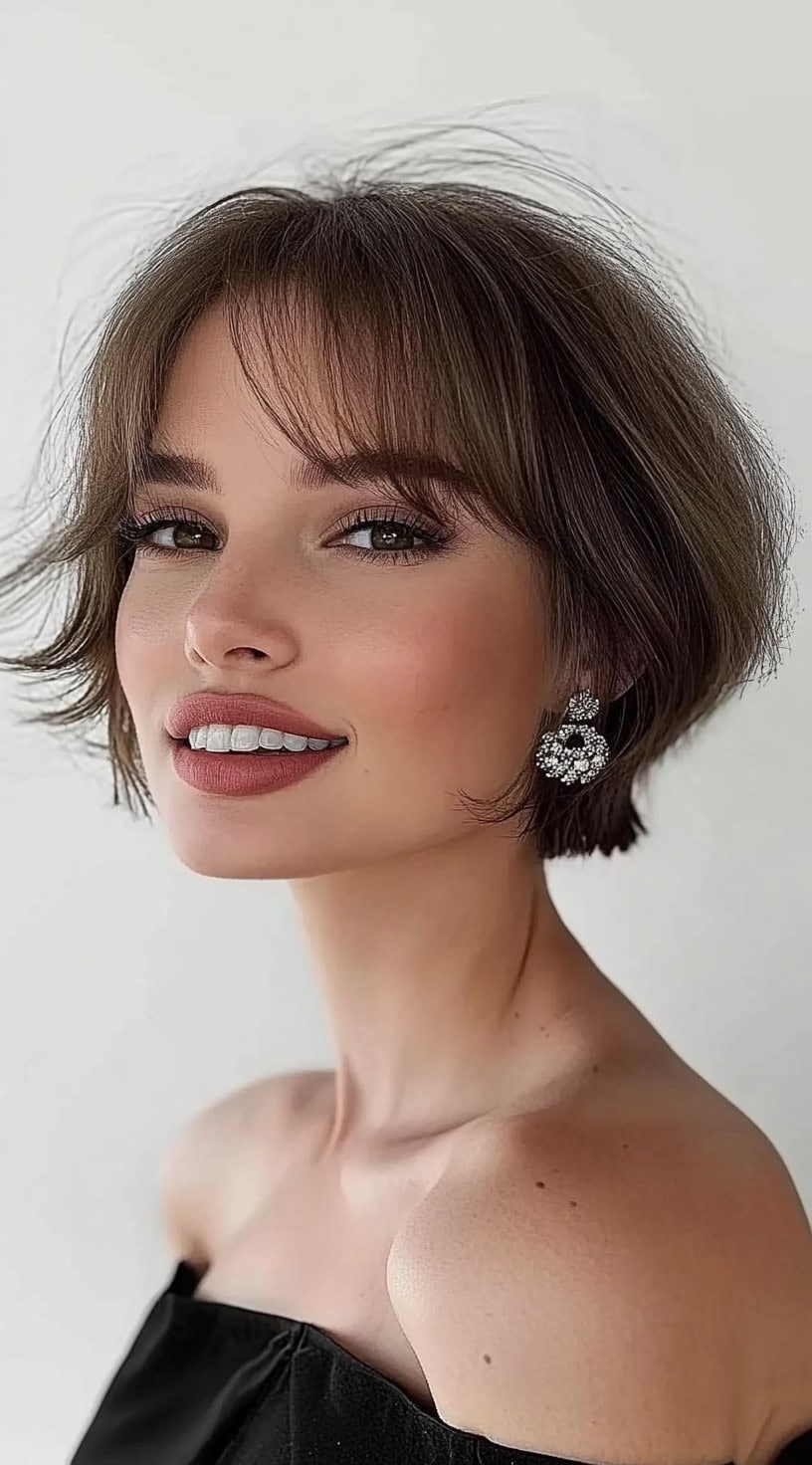 Uma mulher com um bob de comprimento de queixo, com franja de cortina fino, cabelos castanhos macios e camadas laterais volumosas.