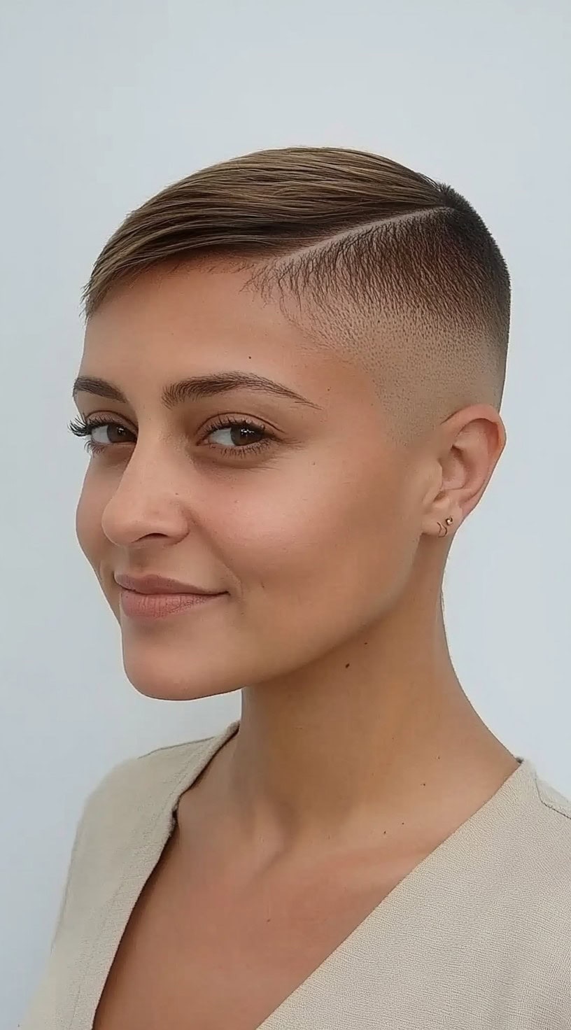 Uma mulher com um desbotamento de precisão e parte lateral profunda, seus cabelos castanhos curtos estilizados na coroa.