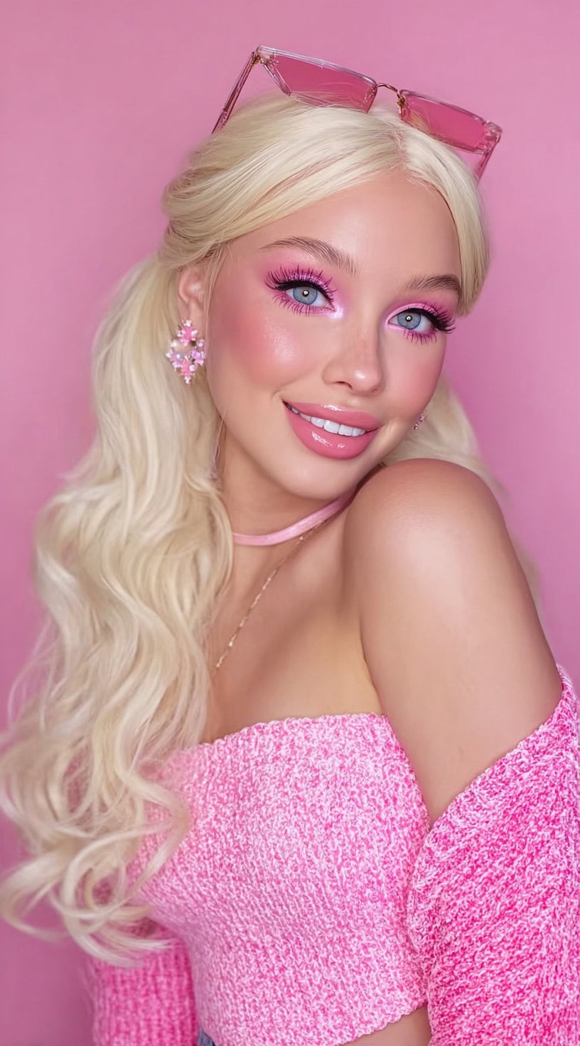 Uma mulher com longas ondas de platina estilizada em tranças laterais baixas, combinada com maquiagem rosa brilhante e óculos de sol rosa barbie descansando em sua cabeça.