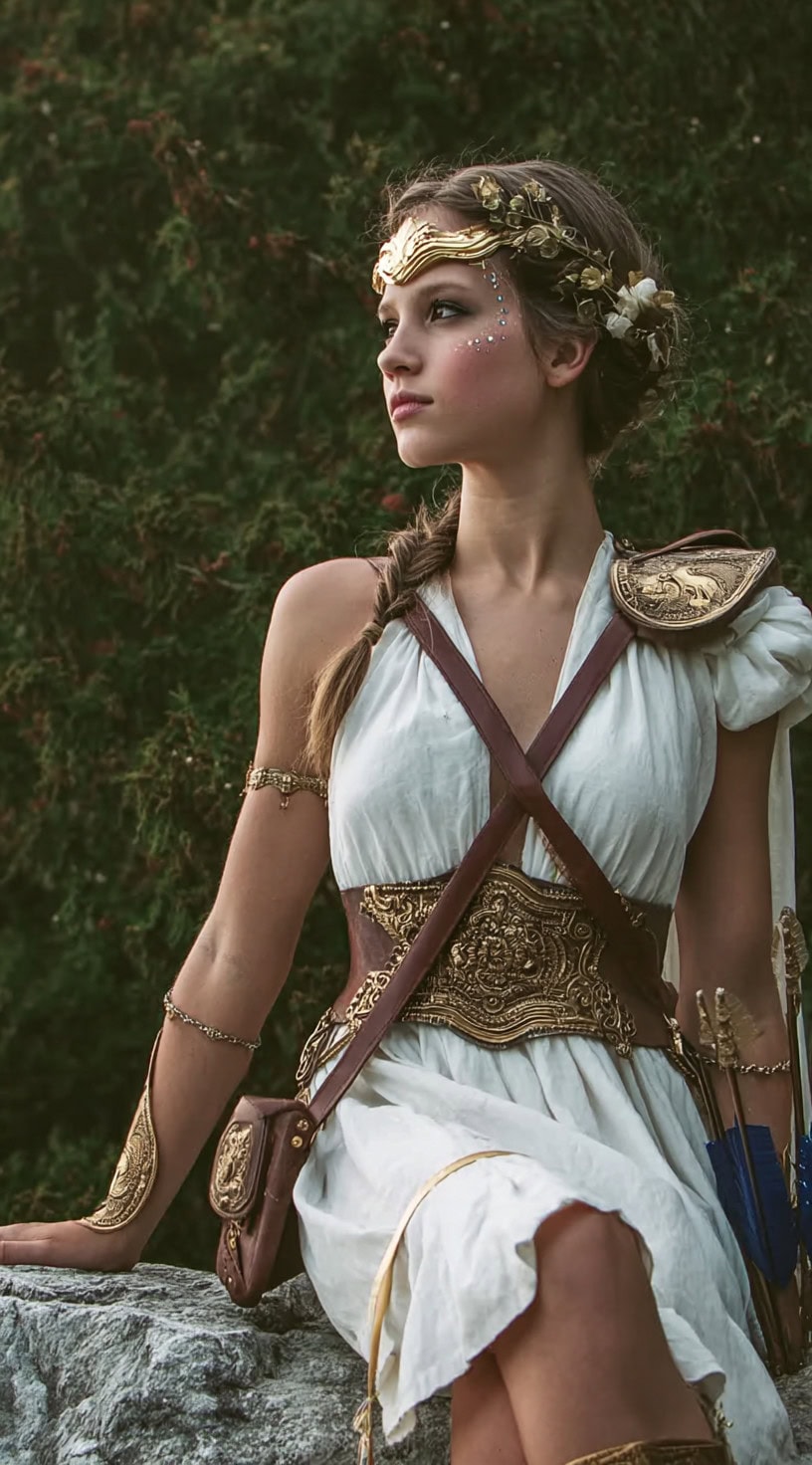 Perfil de uma mulher em uma fantasia de guerreiro com uma trança lateral, capacete de ouro e detalhes de cabelo floral.