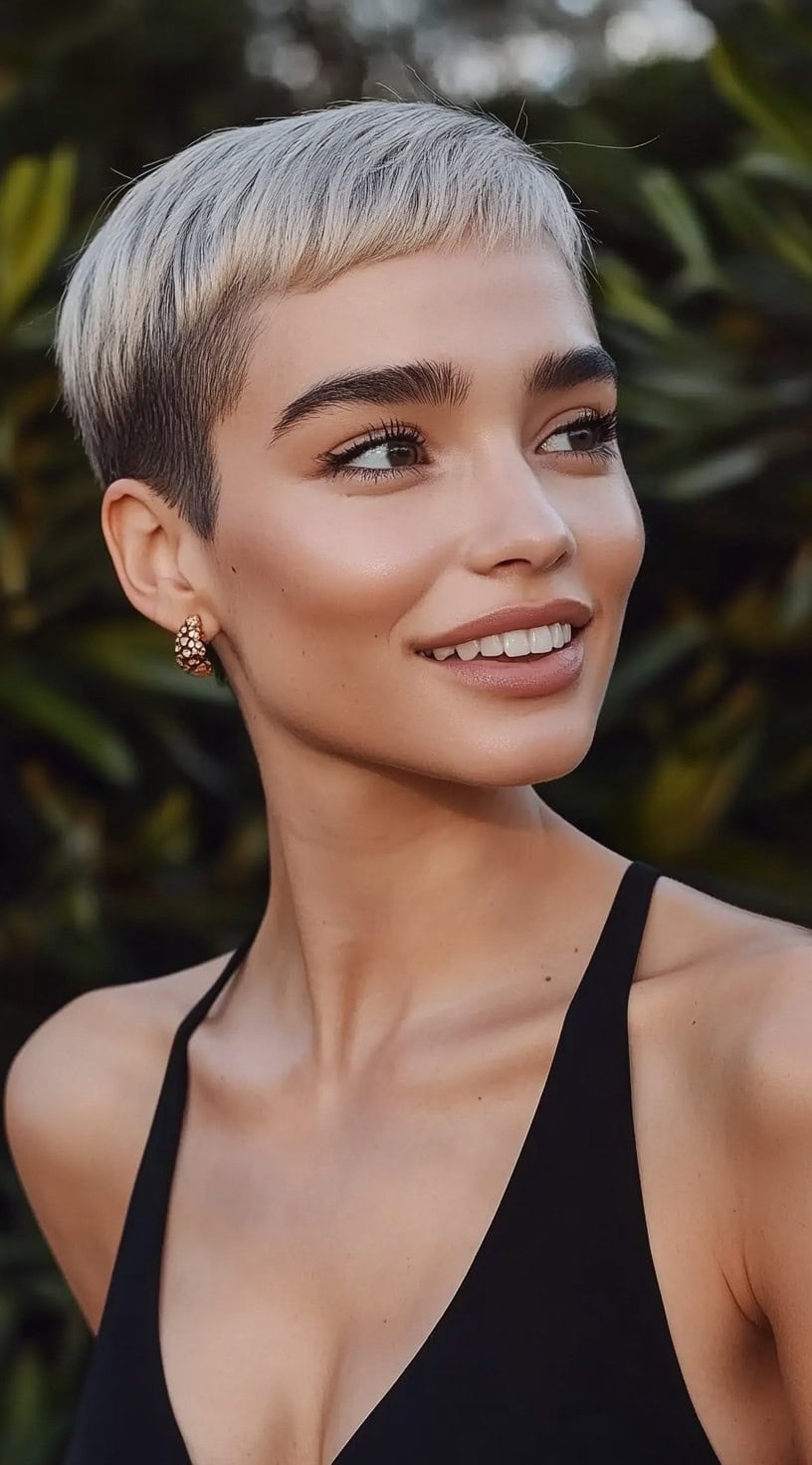 Uma mulher com uma pixie de prata gelada e uma micro bornada curta e rombuda está ao ar livre com um sorriso suave.