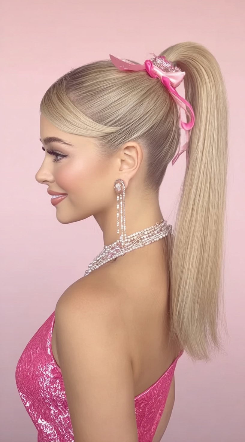 Um perfil lateral de uma mulher com cabelos loiros ultra-assportadores em um rabo de cavalo alto, acessórios com um laço de cetim rosa brilhante e jóias de pérolas.