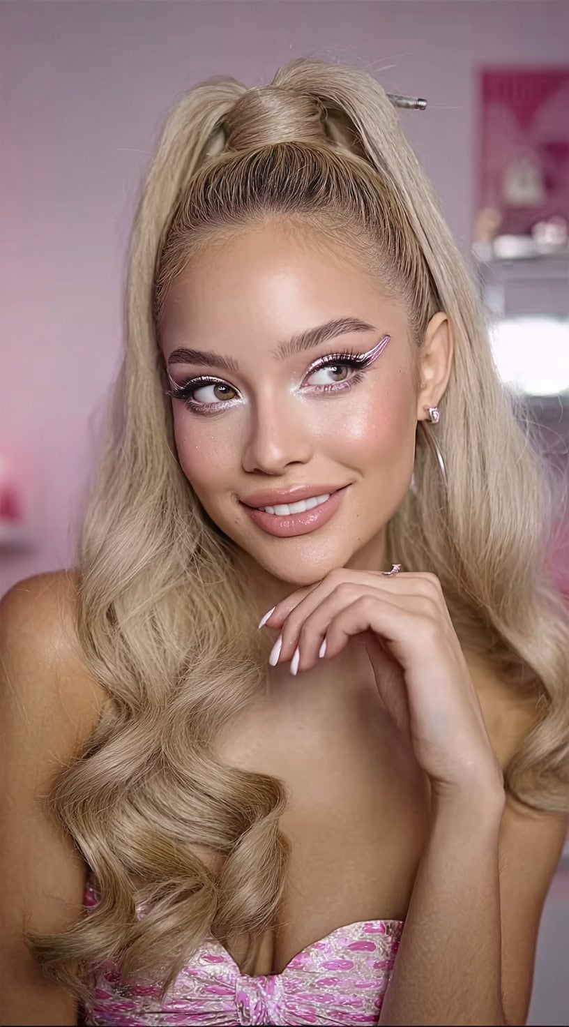 Uma mulher com cabelos longos, loiros e suavemente enrolados, estilizados em um rabo de cavalo elegante, combinado com delineador gráfico dramático e uma blusa rosa sem alças.