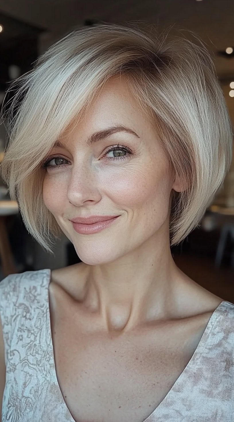 Um corte bob polido e arredondado com cor loira platina e franja lateral macia, estilizada para volume na coroa.