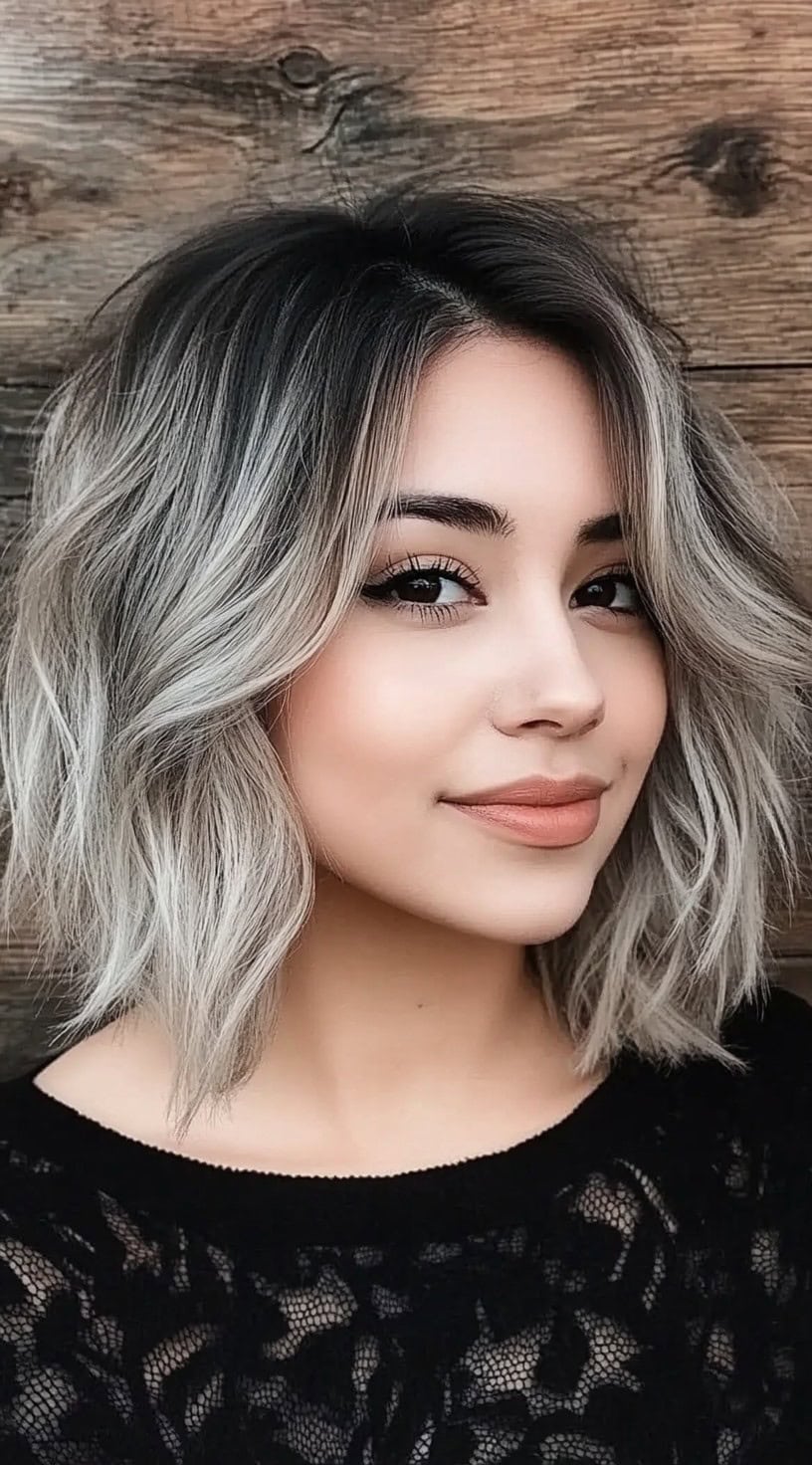 Uma mulher com um bob shag Smoky Silver, com uma raiz de sombra escura e ondas suaves.