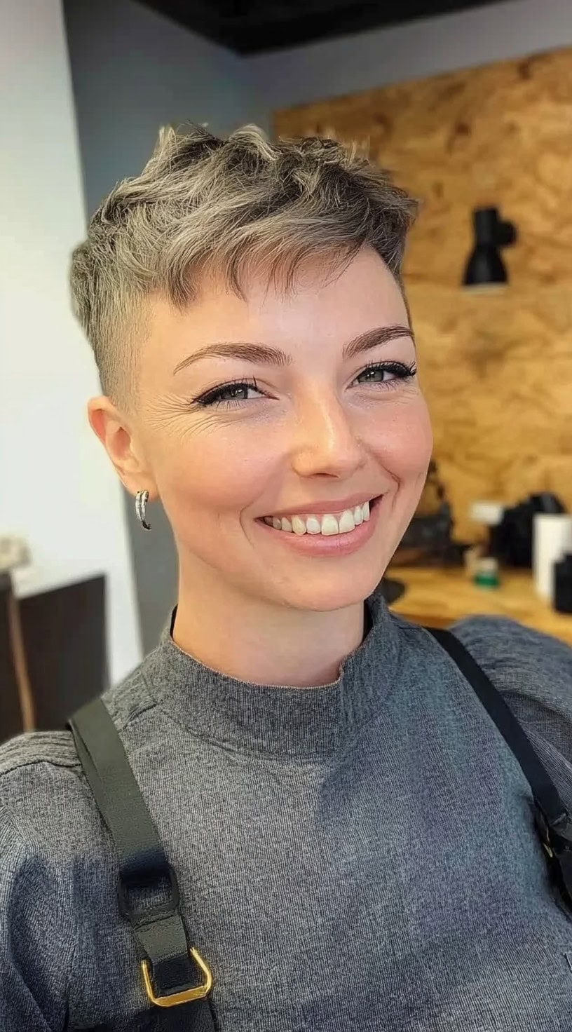 Uma mulher com um corte de pixie defumado de cinzas, texturizado por cima com um desbotado, sorrindo em um salão.