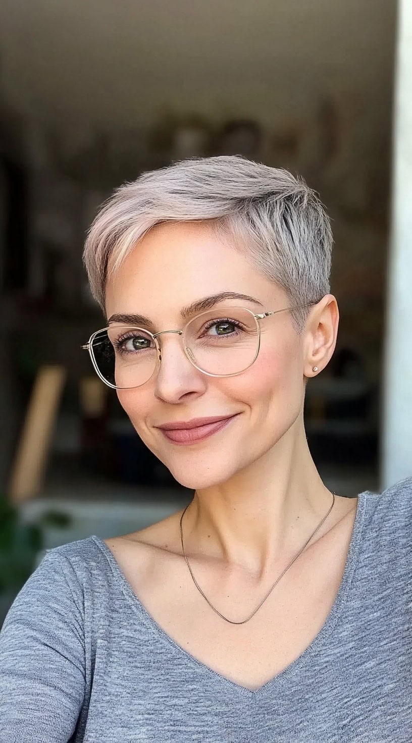 Uma mulher com um corte de pixie de cinzas e óculos, sorrindo suavemente em luz interna.