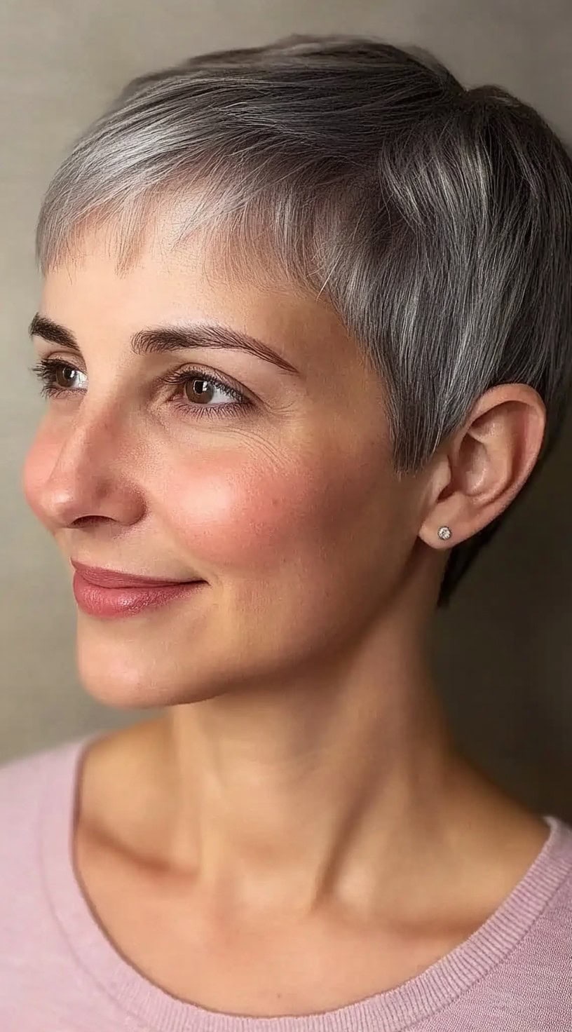 Uma mulher com um corte de pixie de penas prateado e lados suavemente cônico está sorrindo levemente, usando uma blusa rosa blush.