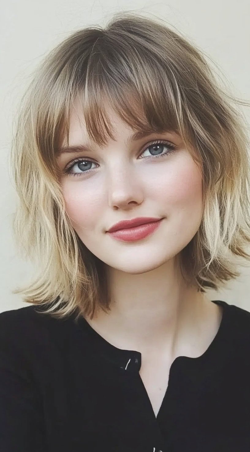 Uma mulher com um shag bob suavemente despenteado e delicadas micro franjas, estilizadas com textura e destaques leves loiros.