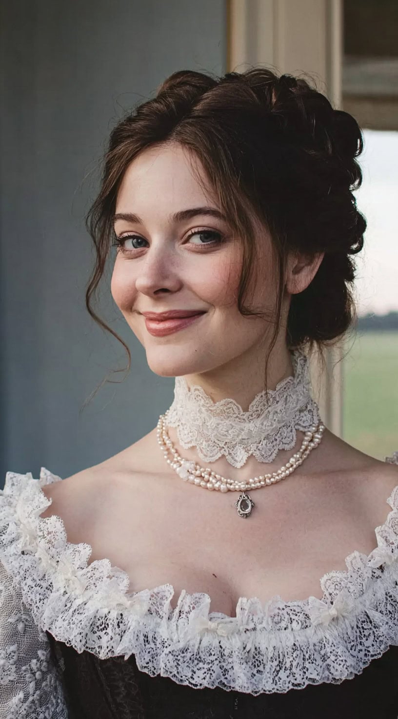 Mulher sorridente em vestido de renda vitoriana com cabelos em um penteado suave e tendril solto emoldurando o rosto.