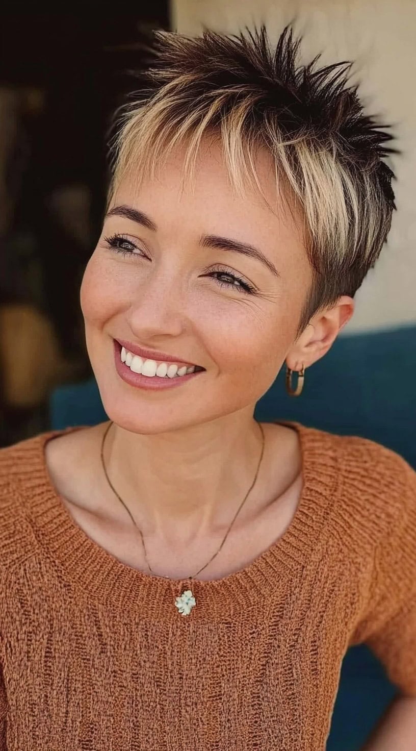 Uma mulher com um corte de pixie loiro espetado com raízes escuras, sorrindo enquanto usava um suéter cor de ferrugem.
