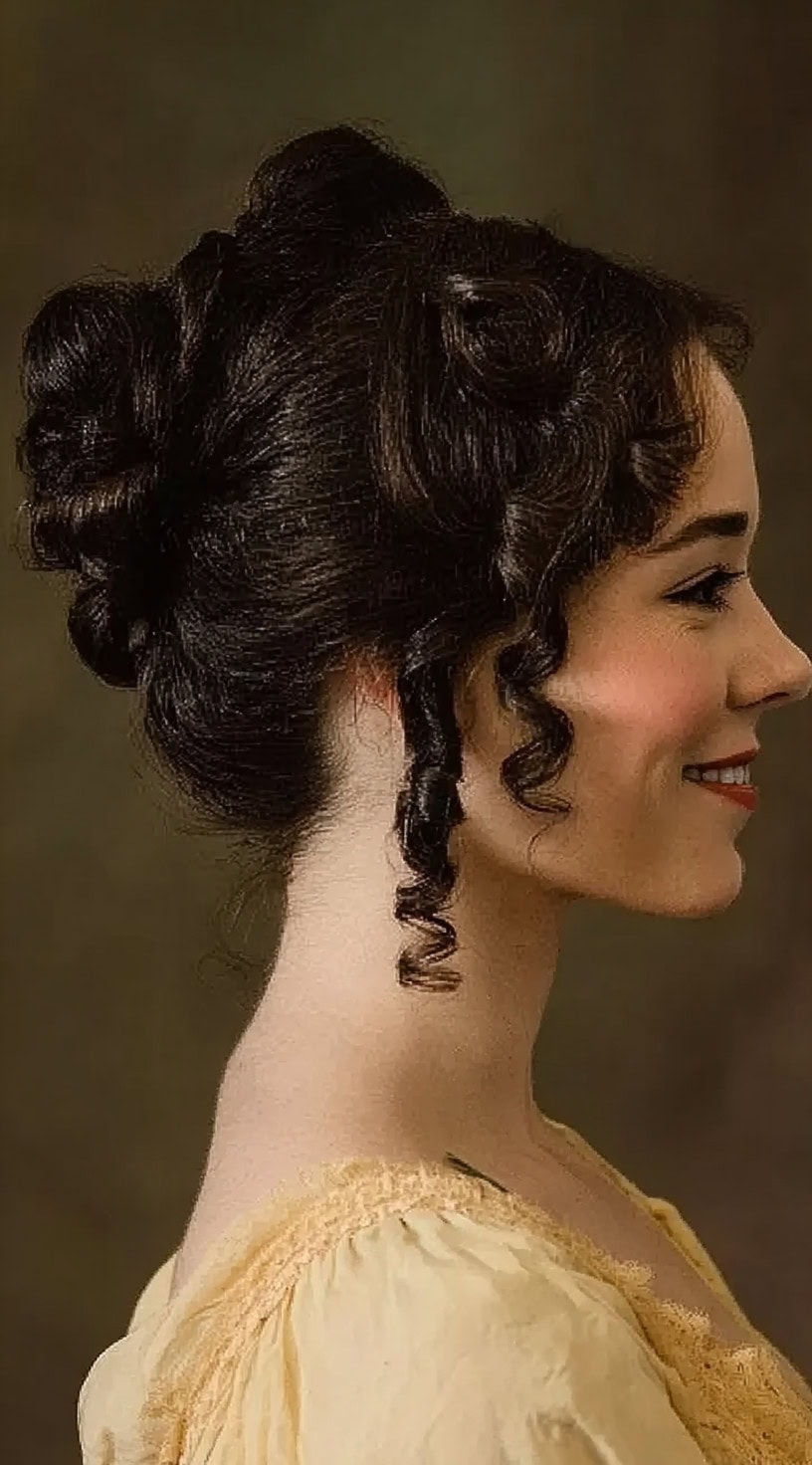 Vista de perfil de uma mulher com cabelos escuros em um penteado vitoriano, com cachos apertados emoldurando o rosto e cachos presos nas costas.