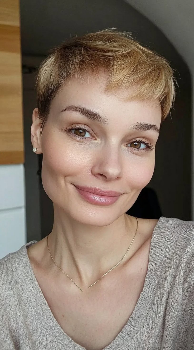 Uma mulher com um corte de pixie loiro suave e macio e marginal fino, sorrindo casualmente com luz natural.
