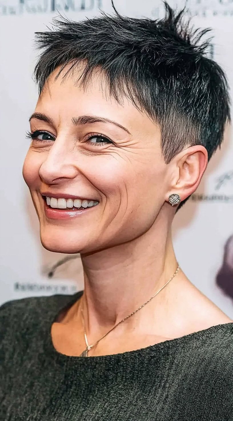 Uma mulher com uma pixie escura curta e uma margem pontual, sorrindo sob os holofotes.