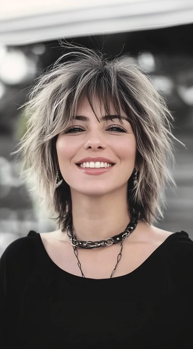 Uma mulher com um bob desgrenhado inspirado em rock, com camadas pesadas, franja agitada e contraste escuro à luz.