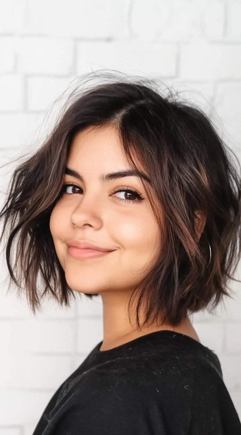 Uma mulher com um bob de textura escura, estilizada com pontas despenteadas e varreu levemente para um lado para um perfil volumoso.