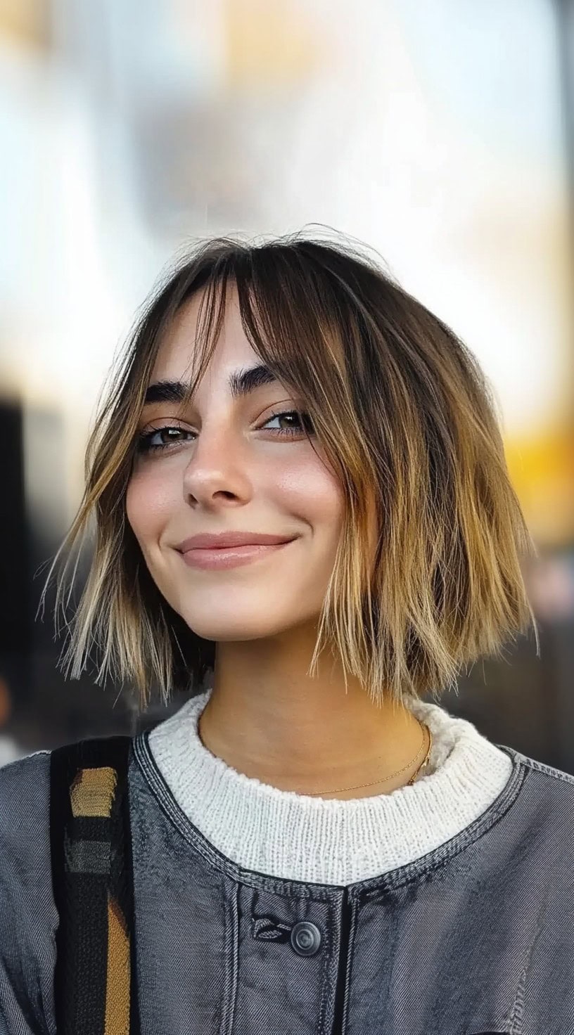 Uma mulher com um bob desgrenhado que tem franja em cortina e tons de ombre sutis, dando profundidade e dimensão do penteado.