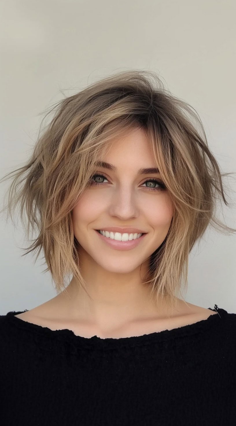 Uma mulher com um bob texturizado e uma franja macia e macia, estilizada com ondas despenteadas e luzes loiras quentes.