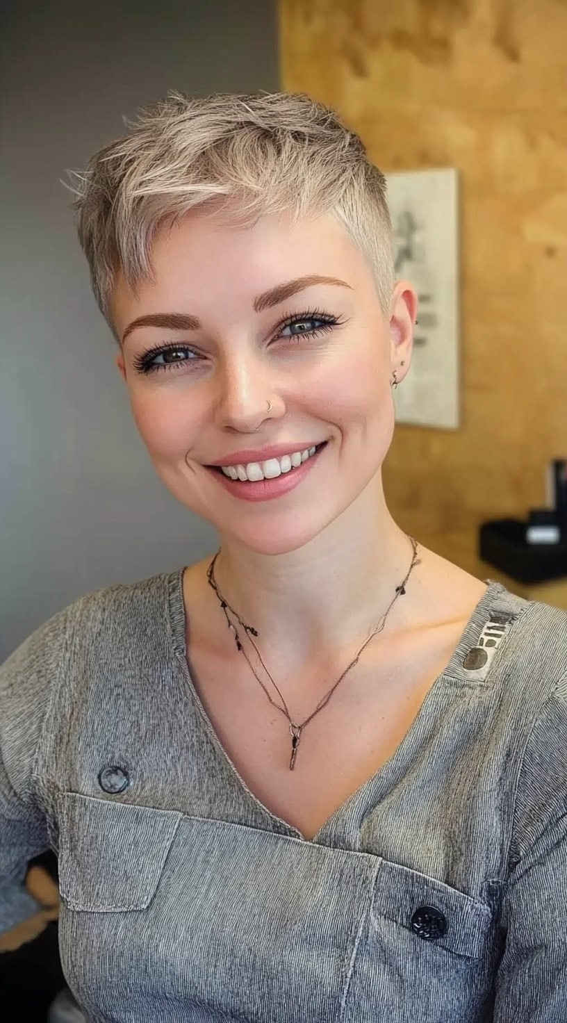 Uma mulher com um corte de cabelo com pixie-champanhe e uma franja agitada, sorrindo em um ambiente de salão.