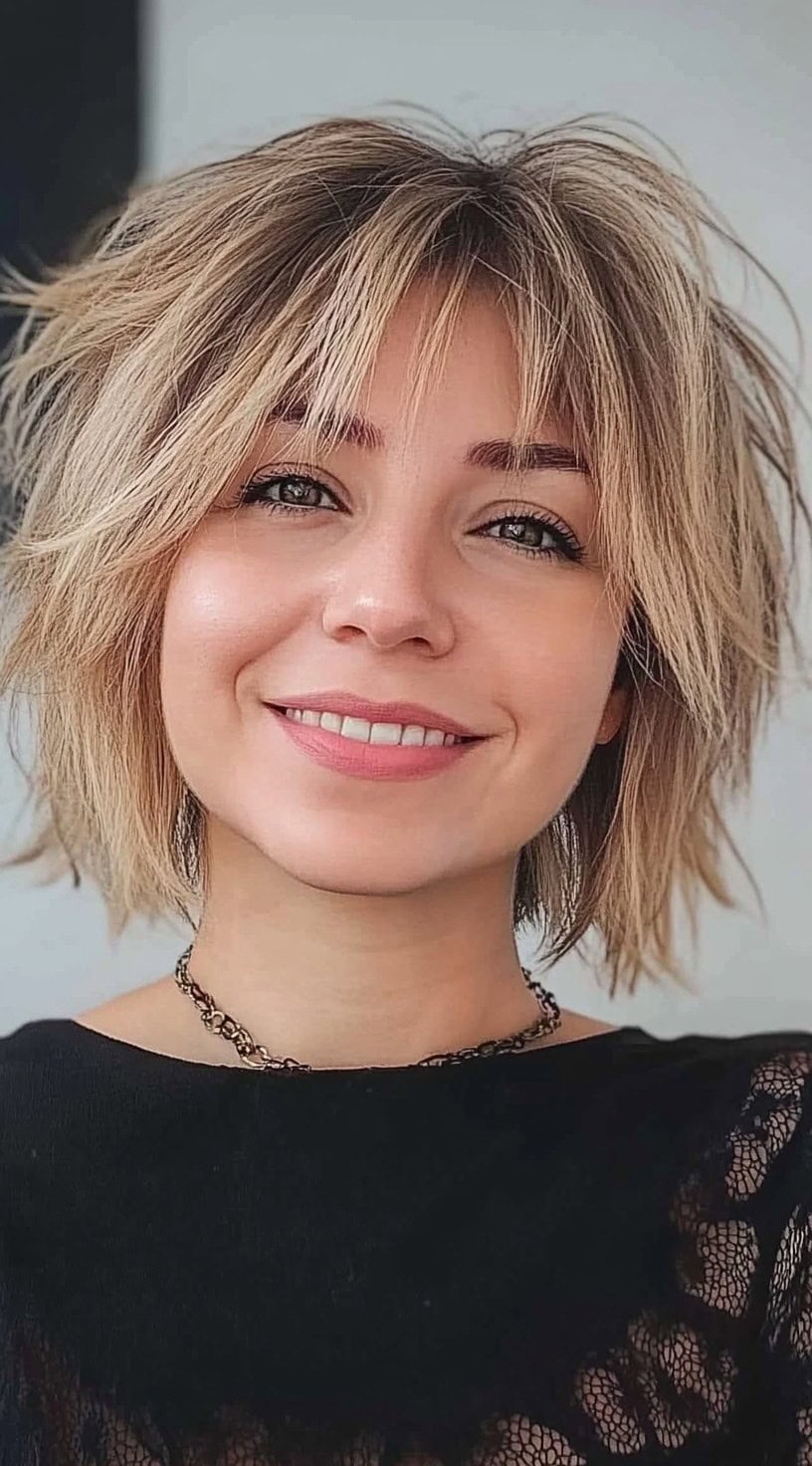Uma mulher com um corte de bob despencado com textura em camadas e uma margem levemente agitada.