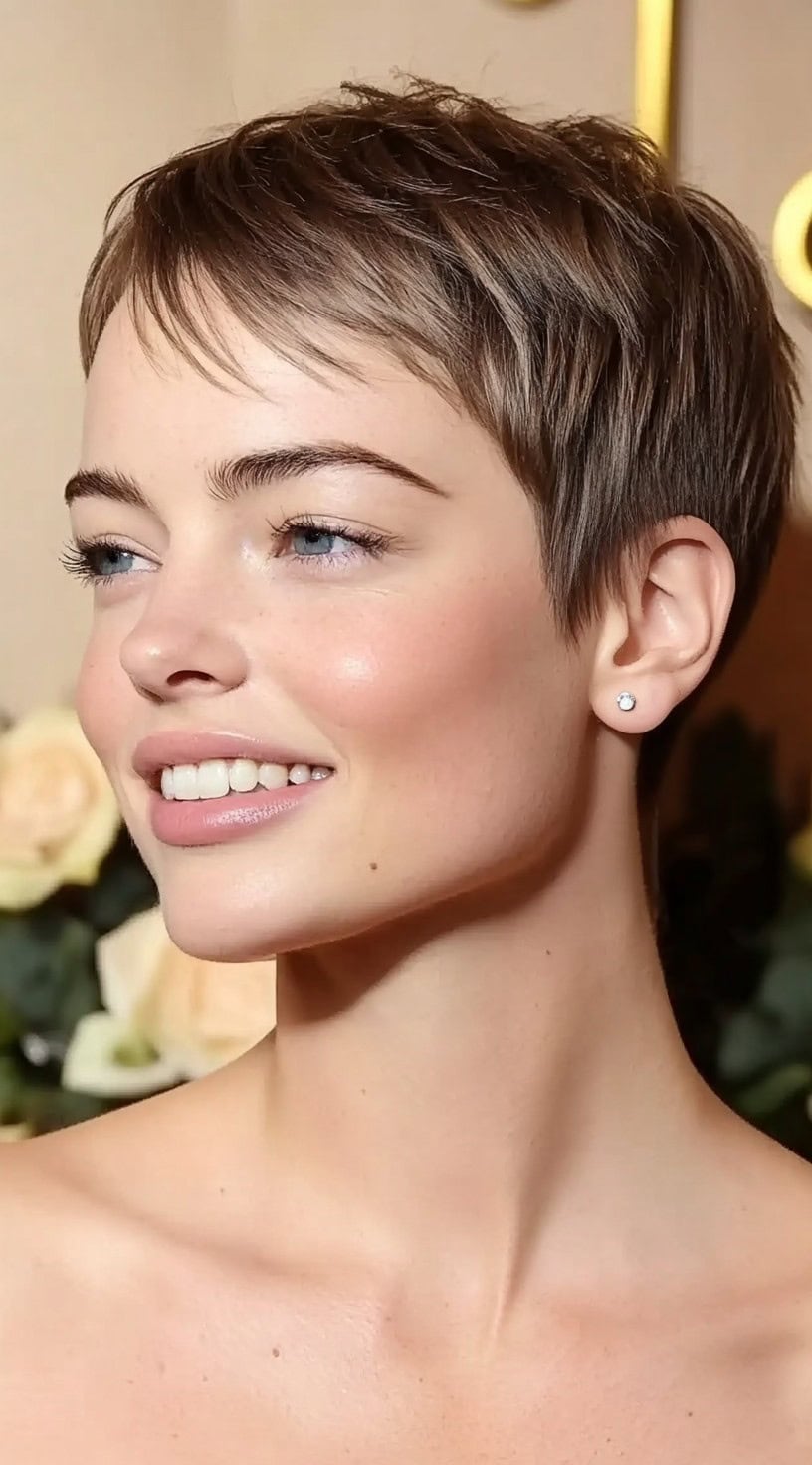 Uma mulher com uma pixie marrom macia e uma franja malvada e despenteada está sorrindo em frente a um cenário floral.