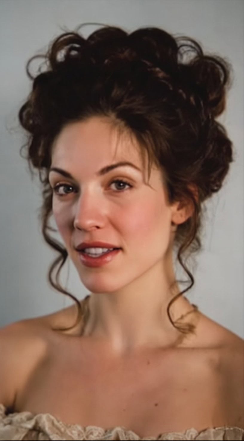 Mulher jovem com cabelos ondulados escuros estilizados em um volumoso updo com gavinhas macias e soltas emoldurando o rosto.