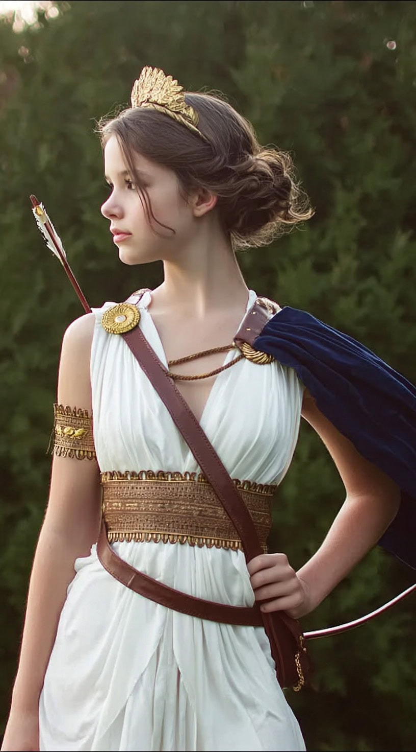 Perfil lateral de uma mulher com um pão baixo dobrado e uma tiara de folha de ouro descansando logo acima da testa.