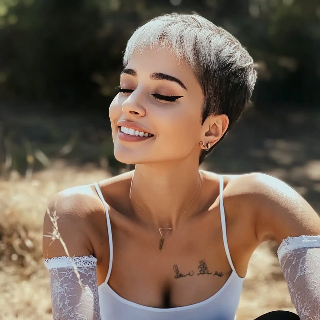 Uma mulher ao ar livre com um pixie de dois tons - prata por cima e escuro por baixo - sorrindo com os olhos fechados.
