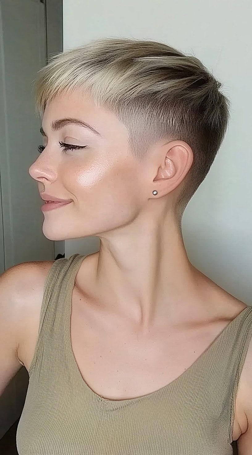 Um pixie de platina com um desbotamento dramático de cone e um topo com textura longa, expondo um decote limpo e afiado.