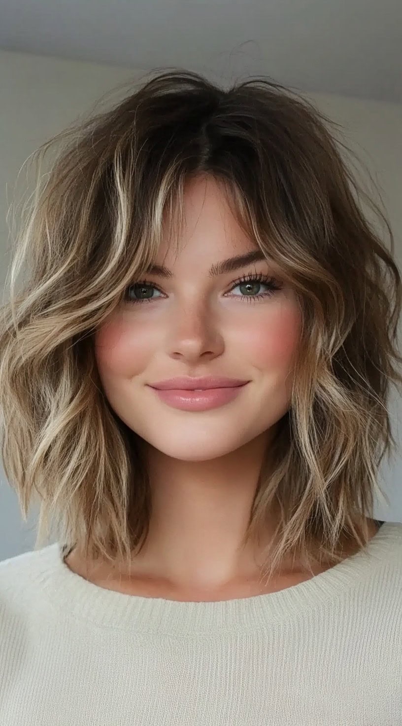 Uma mulher com um volumoso bob desgrenhado e ondas suaves na praia, misturando tons dourados que pegam a luz.