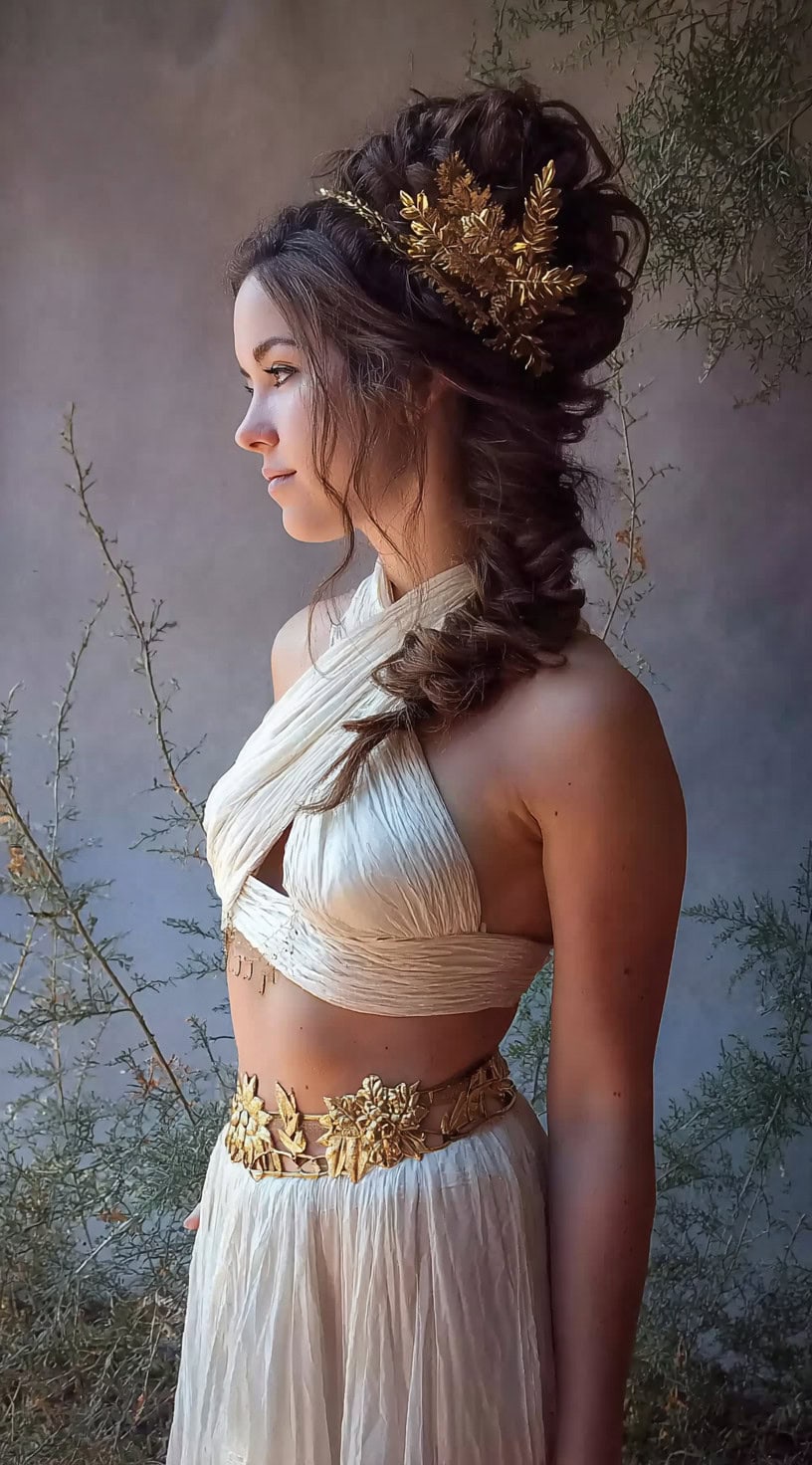 Perfil lateral de uma mulher com um updo volumoso com reviravoltas soltas e acessórios do tipo samamba de ouro.