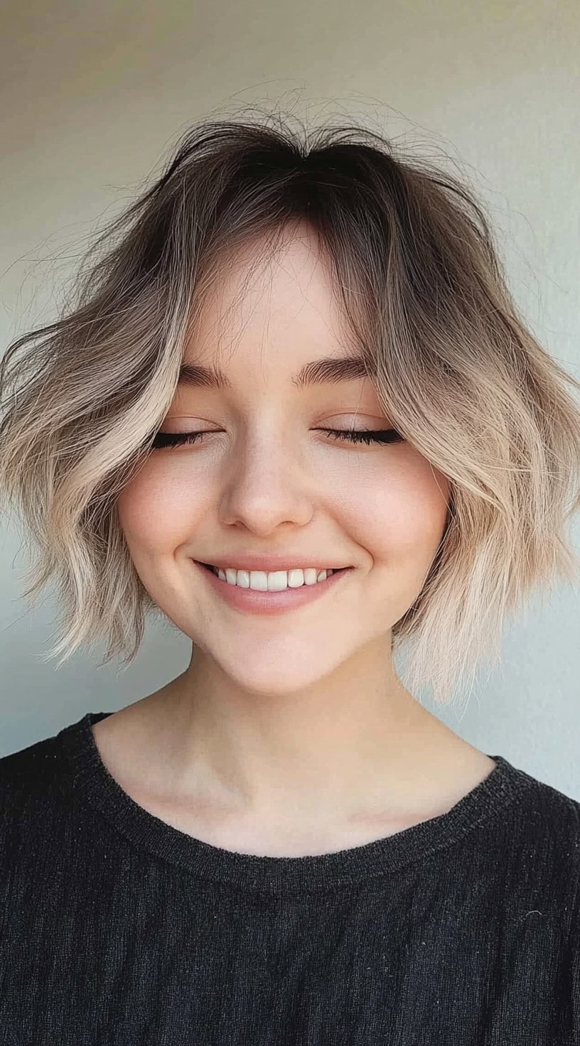 Uma mulher com olhos fechados, usando um bob desgrenhado curto em tons loiros quentes e ondas texturizadas emoldurando suavemente o rosto.