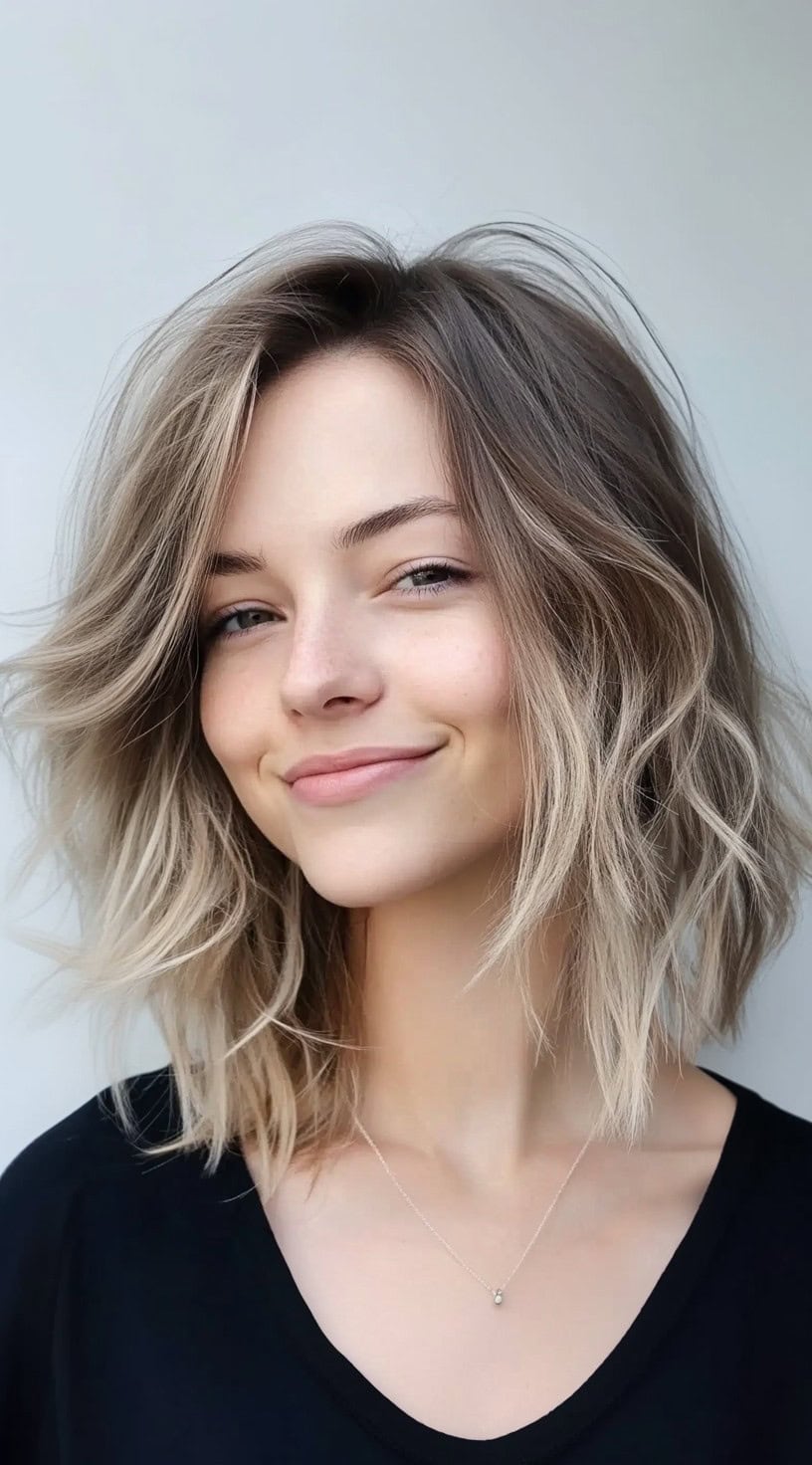 Um lob ondulado macio com balayage loiro cinza e camadas longas de enquadramento de rosto, estilizado com um acabamento natural e parte central.
