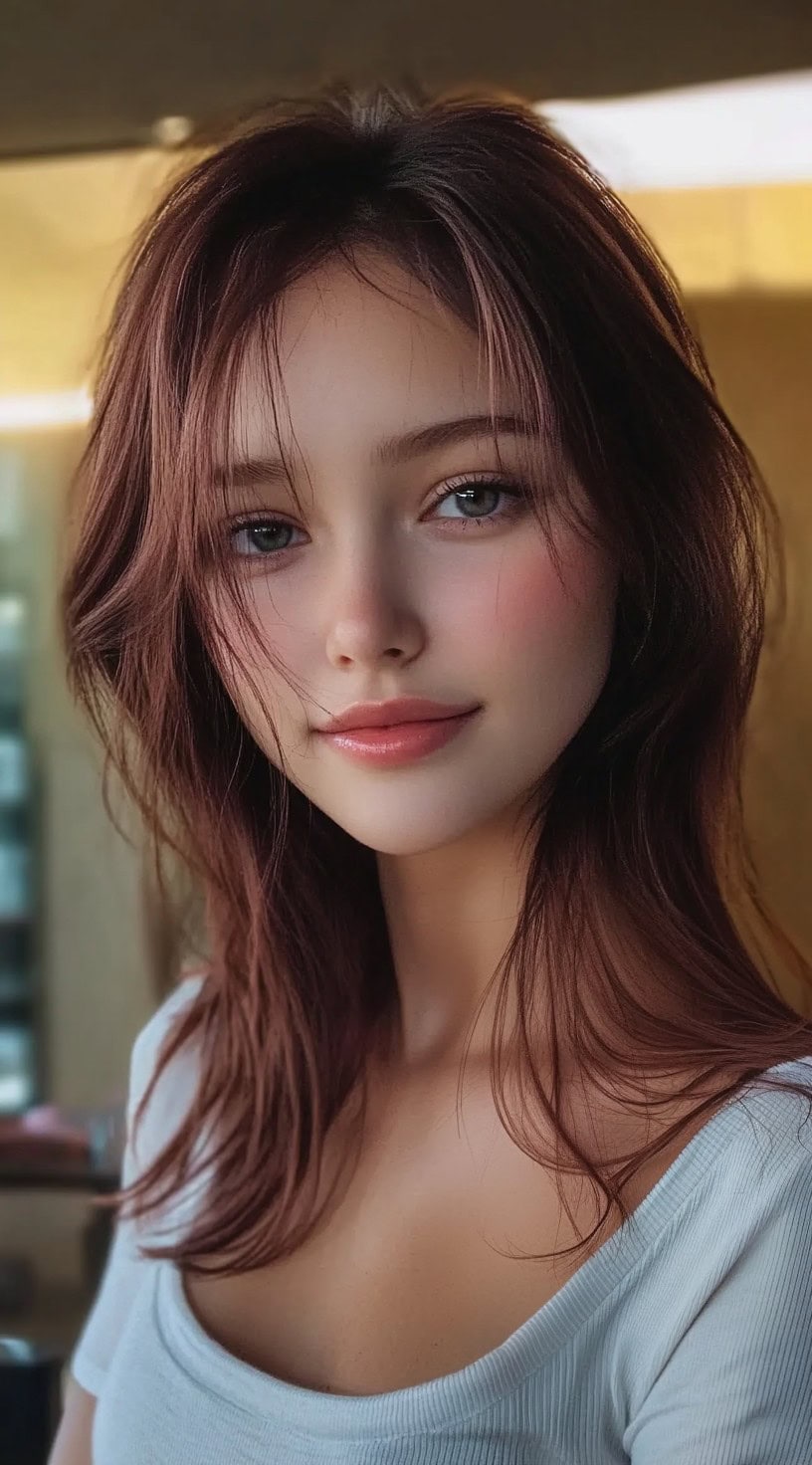 Um corte de cabelo macio e comprido no peito com camadas longas de quadro de rosto e uma parte central, estilizada com volume e fluxo finos.