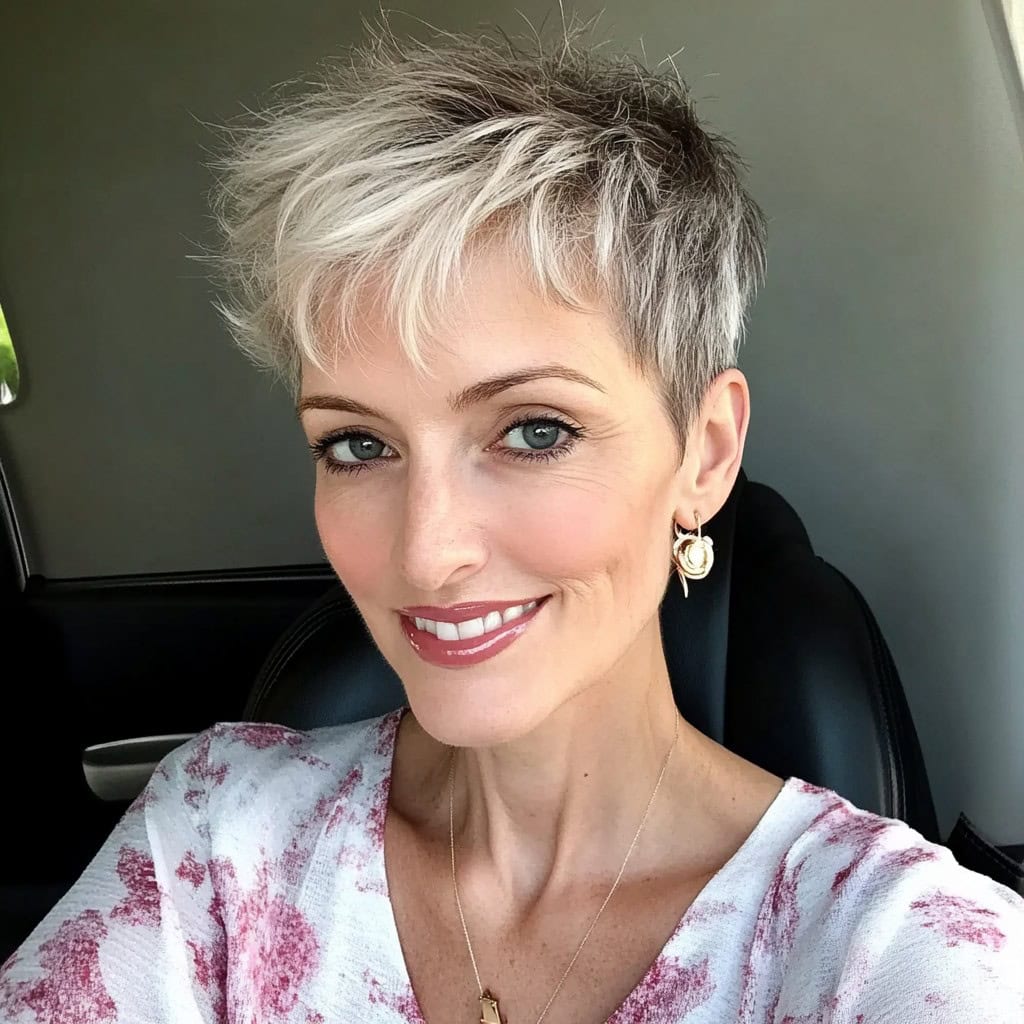 Uma mulher com uma pixie cortada e franja fosca, sorrindo enquanto estava sentado em um carro.