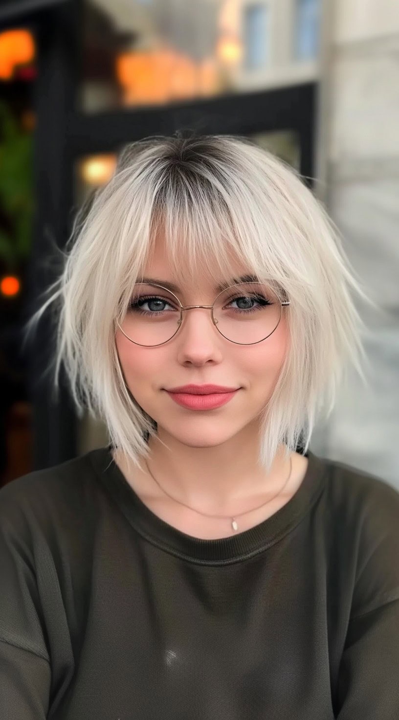 Uma mulher com um bob pálido de platina, com pontas molejadas e finas e uma franja macia e de cílios.