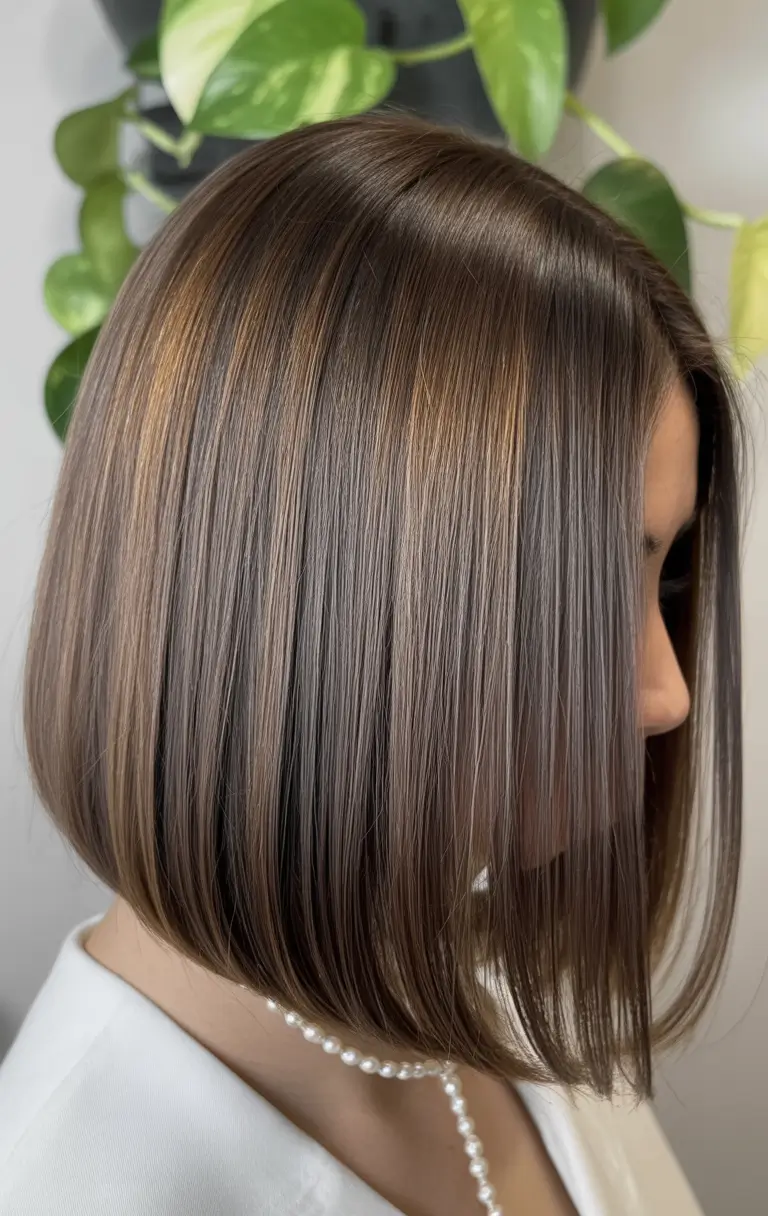 cores de cabelo castanho inverno Bob polido com destaques sutis
