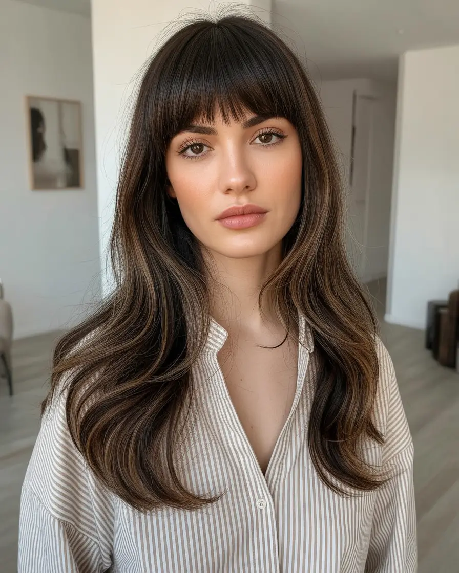 cores de cabelo castanho inverno Morena clássica com franja completa