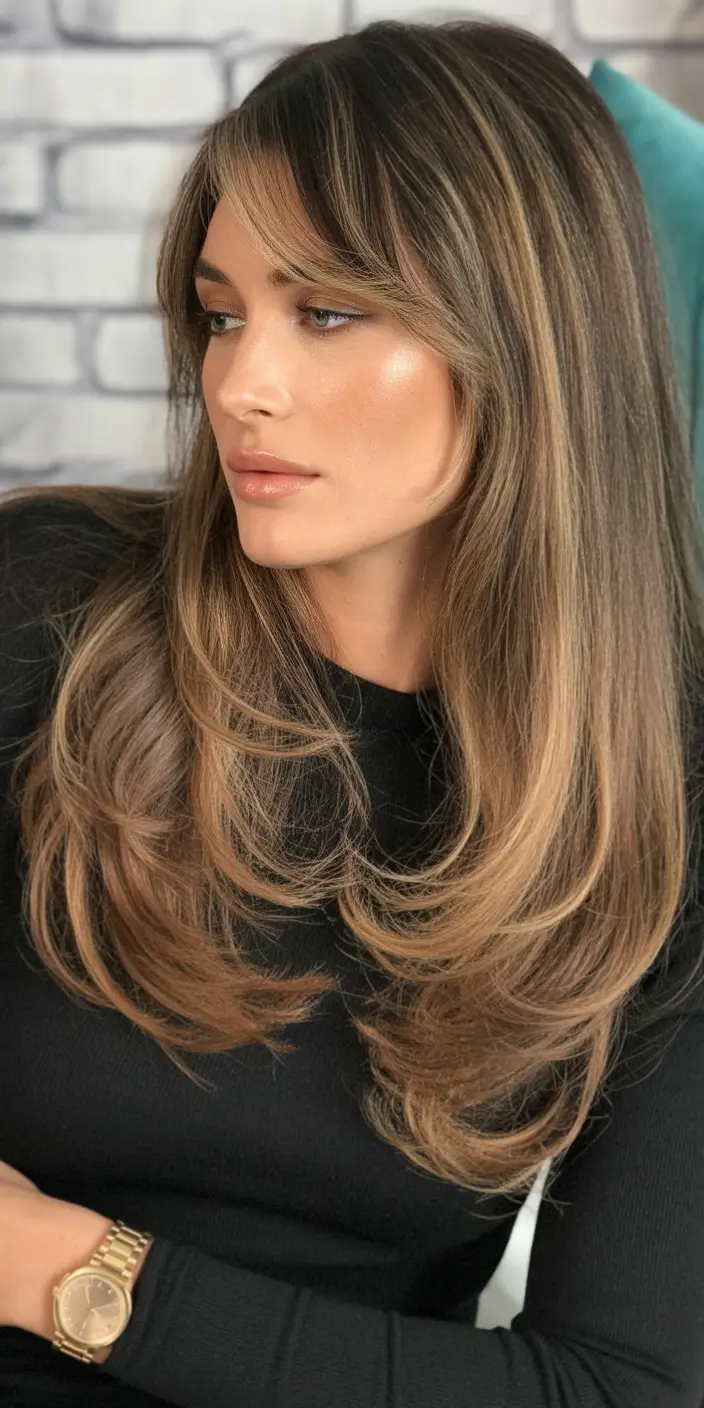 cores de cabelo castanho inverno Morena em camadas com detalhes em caramelo