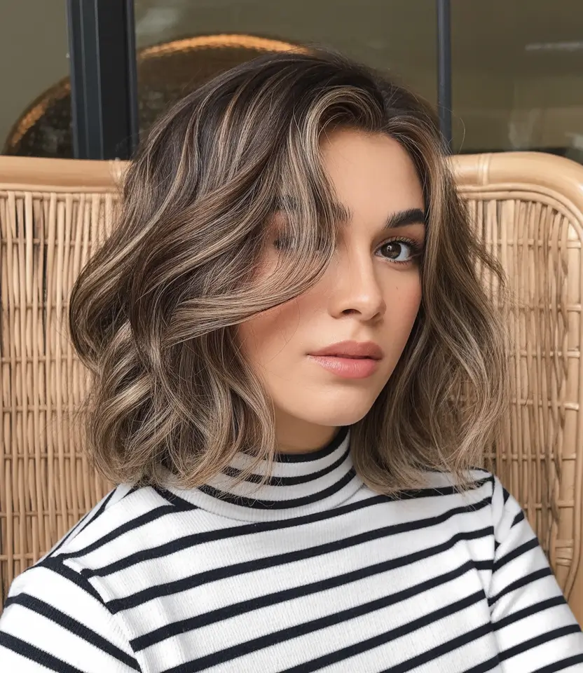cores de cabelo castanho inverno Bob morena texturizada com balayage