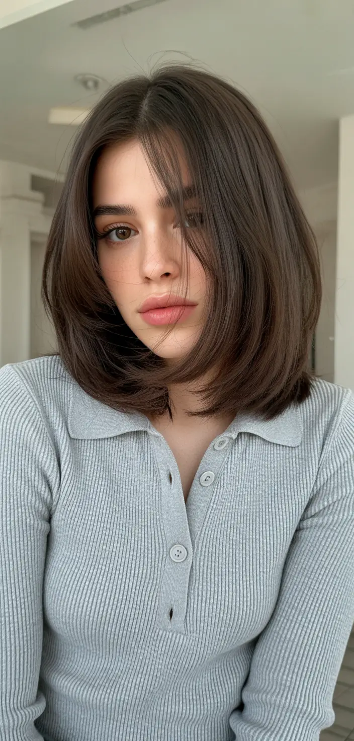 cores de cabelo castanho inverno Soft Layered Brunette Bob
