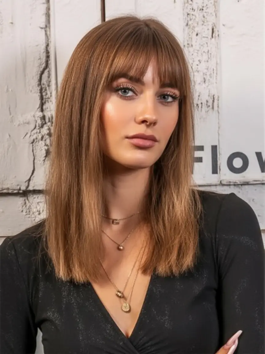 cores de cabelo castanho inverno Morena reta com franja sem corte