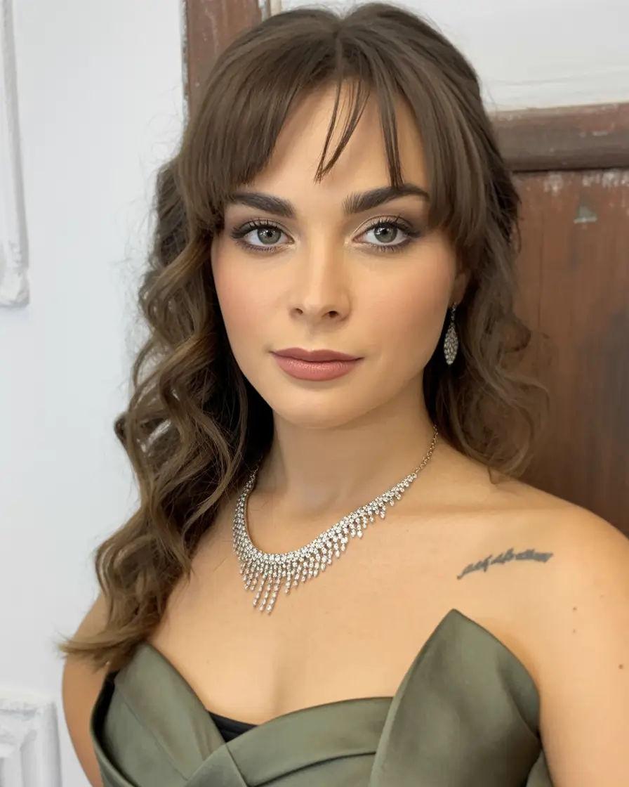 cores de cabelo castanho inverno Cachos Românticos com Franja Suave