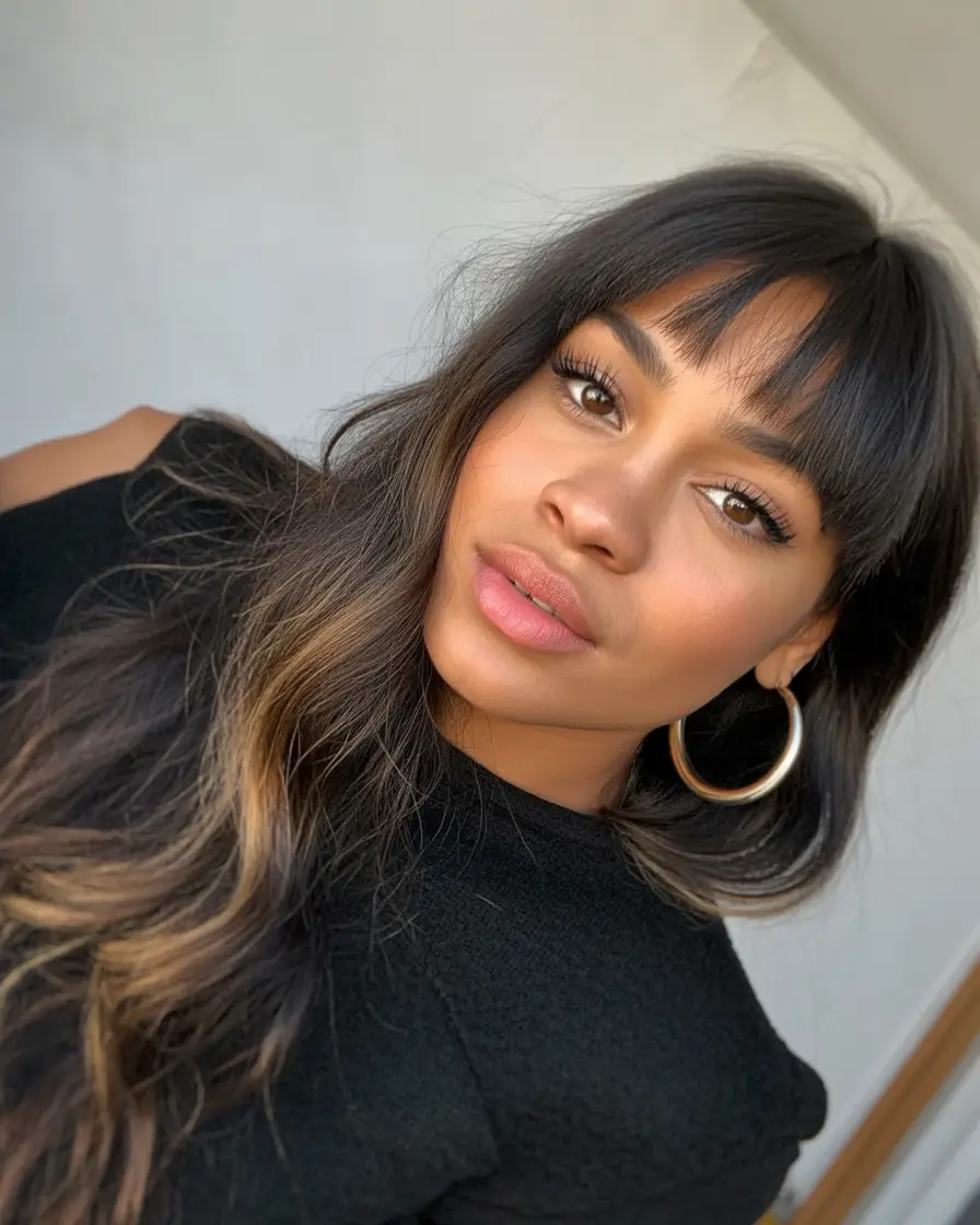 cores de cabelo de inverno para mulheres negras, camadas suaves naturais com franja